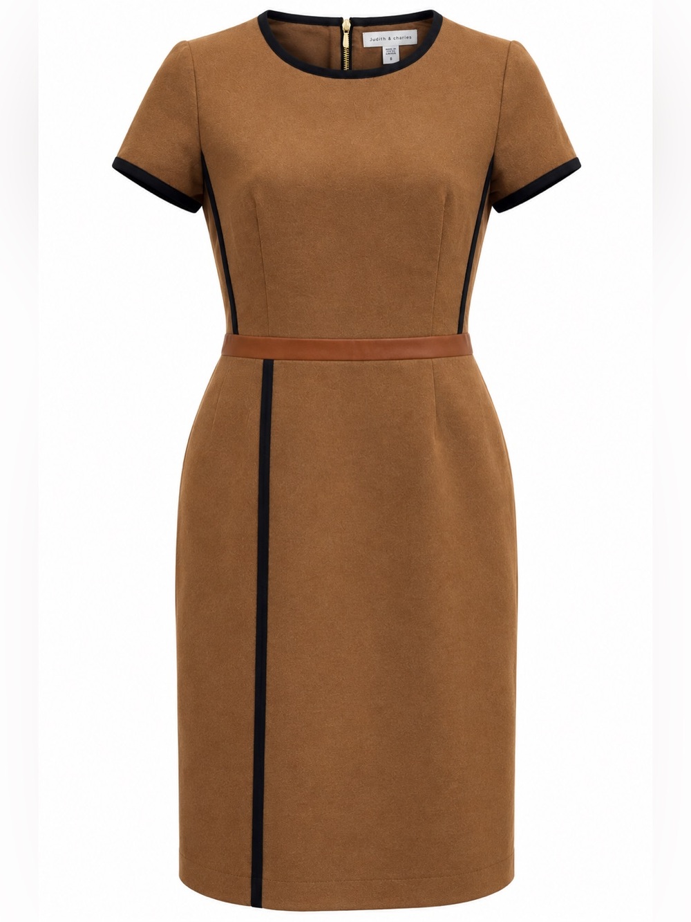 Judith & Charles Wool Sheath Dress Size 8 Brown Black Leather Trim Made Canada